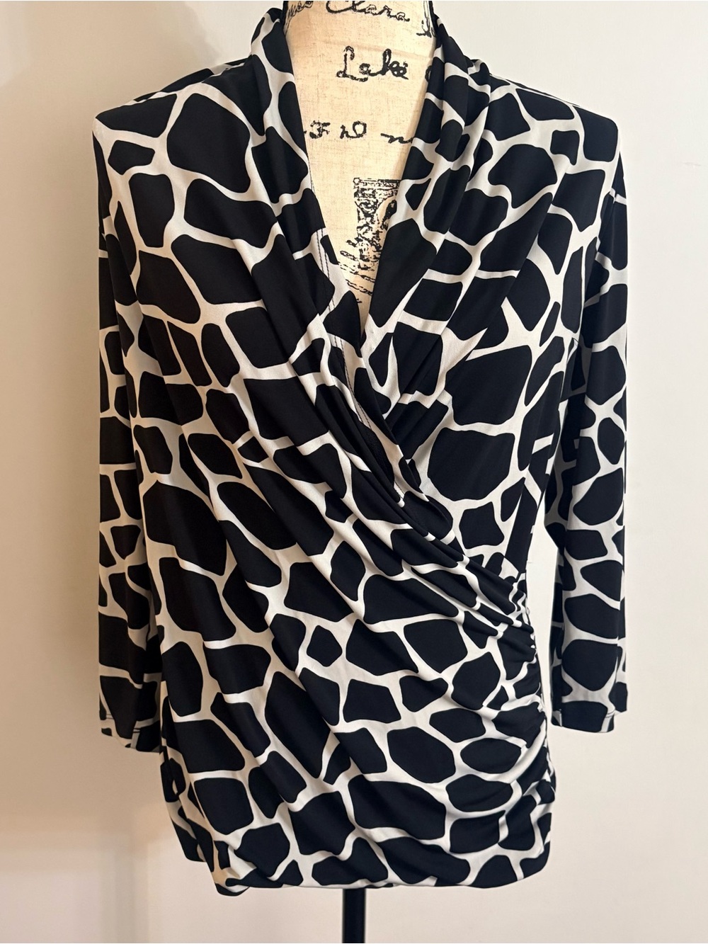 Black & White Giraffe Print Wrap-Style Blouse